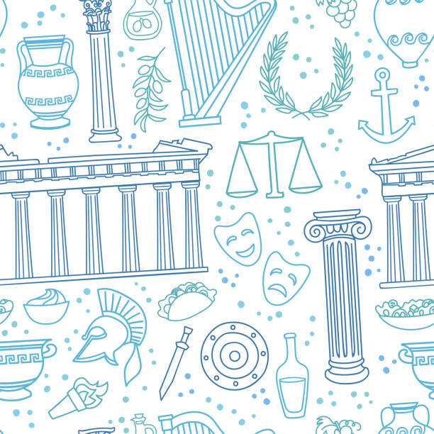 Greece. Vector seamless pattern with famous Greek symbols and landmarks. Greece. Vector seamless pattern with famous Greek symbols and landmarks. Hand drawn doodle elements on white. Travel endless background for country promotion. classical greek illustrations stock illustrations