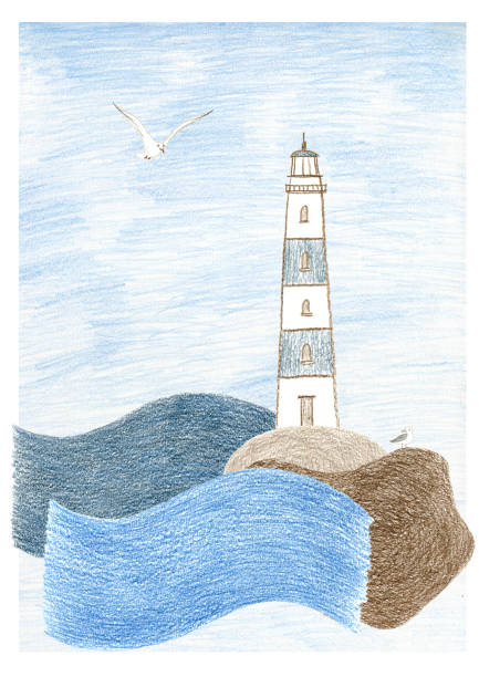 istock A mixed picture with a tiny cute white and blue ligthouse on a weather-beaten rock in a mid-sea with a huge waves and black-headed gull in the sky and on the cliff. Color pencil collage. 1216397516