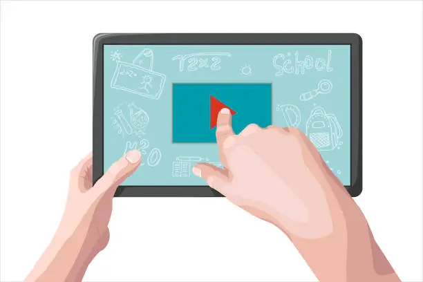 Vector illustration of Hands hold tablet and finger presses video player to view. The concept of distance learning through the Internet and freelance. Vector illustration. School doodles.