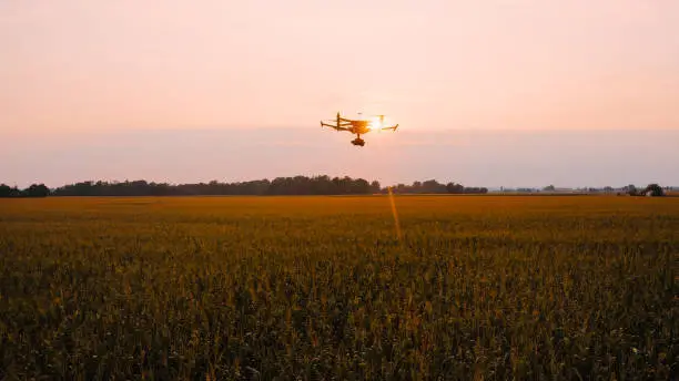 Photo of Drone flying above field at sunset