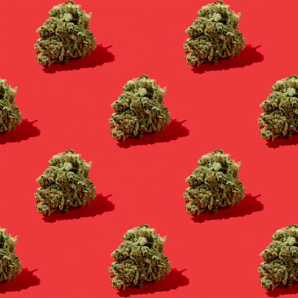 Seamless pattern of green marijuana cones on red background.