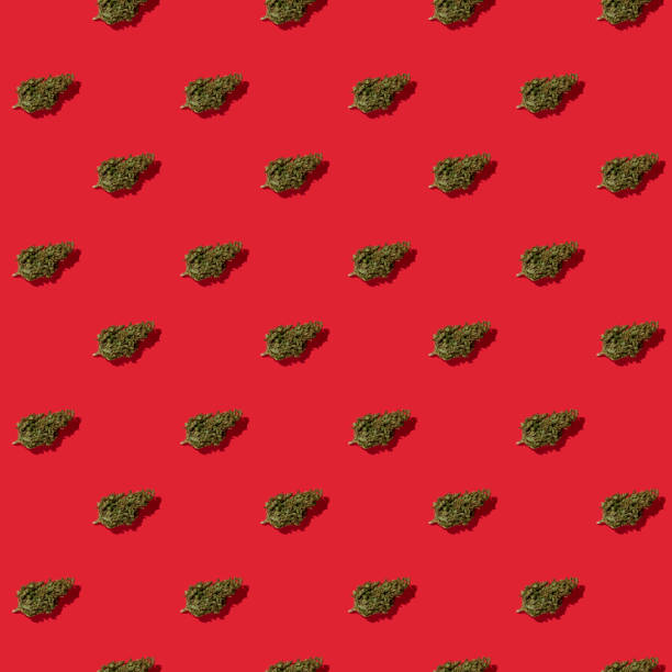 istock Seamless pattern of green marijuana cones on red background. 1216397925