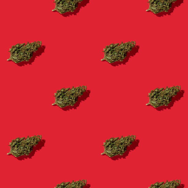 istock Seamless pattern of green marijuana cones on red background. 1216397934