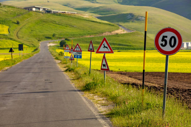 istock Road Warning signs at Piano Grande di Castelluccio (Italy) 1216399312