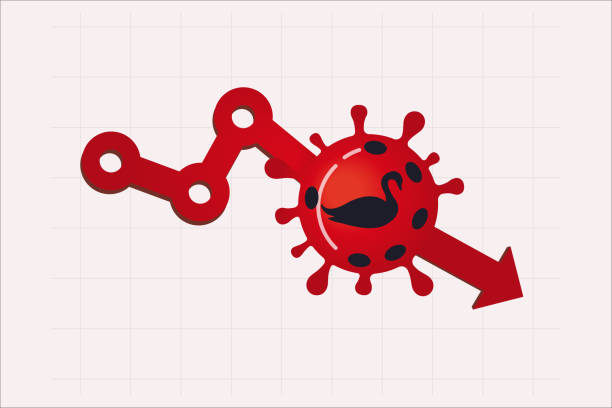 coronavirus-crash, covid-19 wirtschaftlicher zusammenbruch der konzern aus der zeit der großen depressionen ist mit dem coronavirus covid-19 grippeausbruchskonzept in konkurs gegangen, viruserreger mit schwarzem schwan auf dem roten börsensturz. - black swan stock-grafiken, -clipart, -cartoons und -symbole