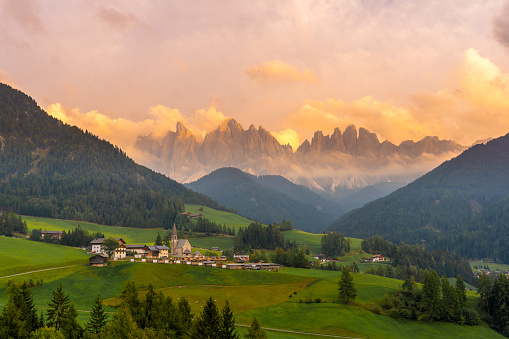 Santa Magdalena village in front of Dolomites Group, Val di Funes, Italy,