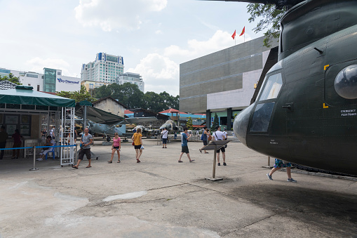 Ho Chi Minh, Vietnam - October 17, 2019 : Unidentified people visiting the famous Vietnamese - American War Remnants Museum in Ho Chi Minh City, Vietnam on October 17, 2019.