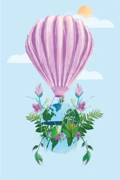 Vector illustration of Hot air balloon holding planet Earth and flowers - spring concept stock illustration