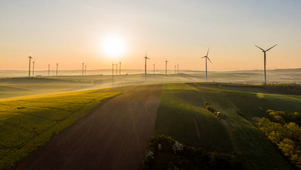 luftaufnahme von feldern und windkraftanlagen bei sonnenaufgang, österreich - great invention stock-fotos und bilder