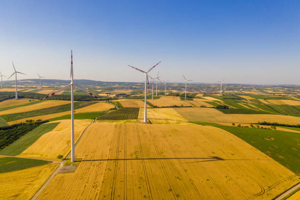 istock Aerial view of fields and wind turbines. 1216402430