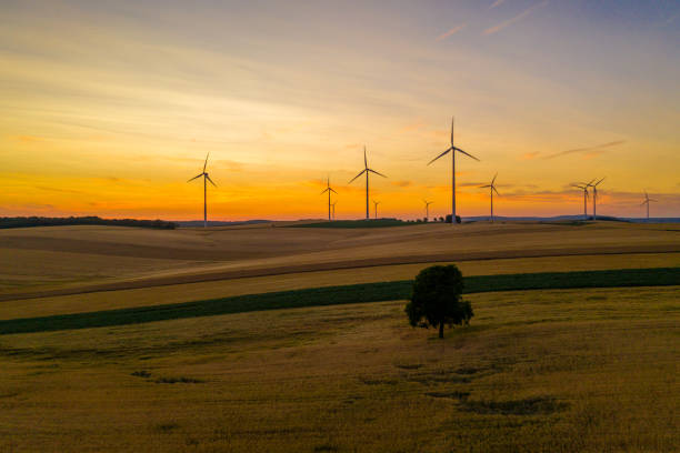 istock Aerial view of fields and wind turbines at sunset. 1216402433