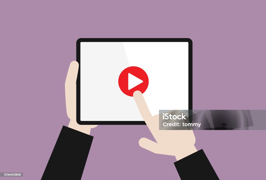 Businessman pushes a play video button Social media, Youtube, Video player, Work from home, Netflix Video Still stock vector