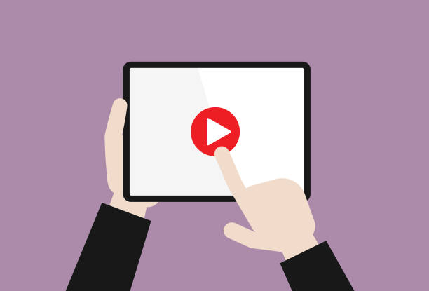 Businessman pushes a play video button Social media, Youtube, Video player, Work from home, _ push pause stock illustrations