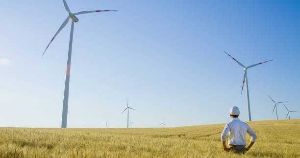 istock Engineer standing in wheat field and looking at wind turbines, Austria 1216403070
