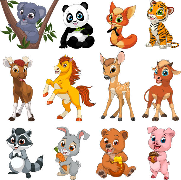 재미있는 동물 세트 - zoo young animal africa group of animals stock illustrations
