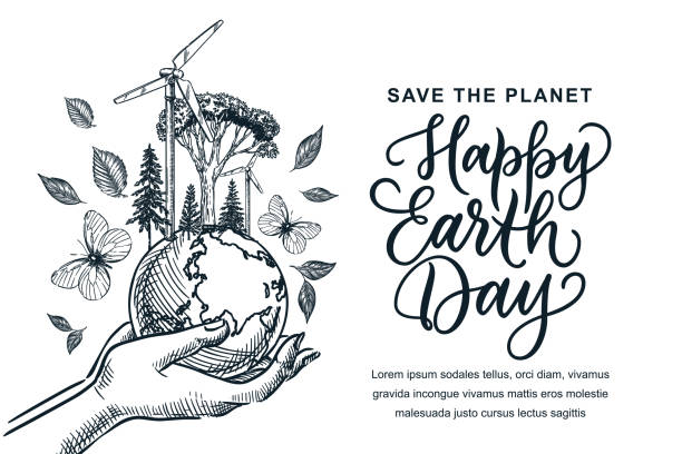 Earth Day calligraphy lettering, banner poster design template. Vector sketch illustration of hands holding Earth planet Happy Earth Day banner, poster with hand drawn calligraphy lettering. Vector sketch illustration of hands holding Earth planet with wind turbine generator, green trees. Environmental ecology concept energy conservation posters drawing stock illustrations
