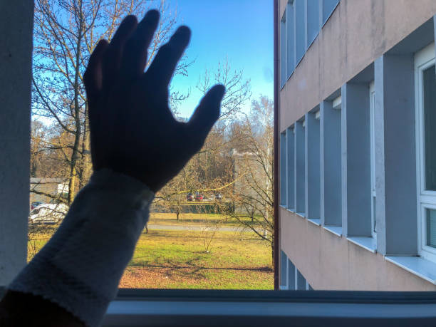 istock Patient holding hand against hospital window 1216406575