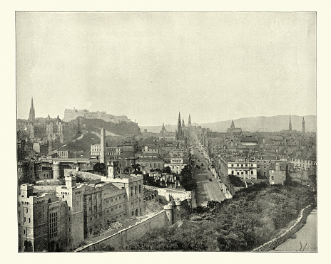 Antique photograph of Edinburgh and Scott's monument, Scotland 19th Century