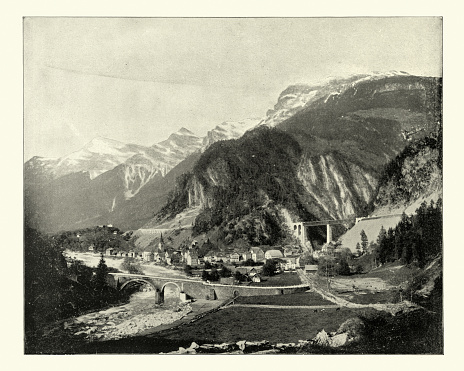 Antique photograph of St Gotthard Pass and Bridge, Switzerland 19th Century