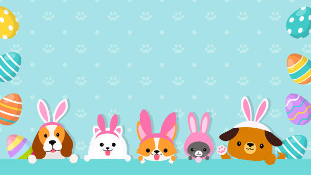 Happy Easter Background Vector illustration. Cute pets wearing bunny costumes with easter eggs frame on blue paw pattern background Happy Easter Background Vector illustration. Cute pets wearing bunny costumes with easter eggs frame on blue paw pattern background breed eggs stock illustrations