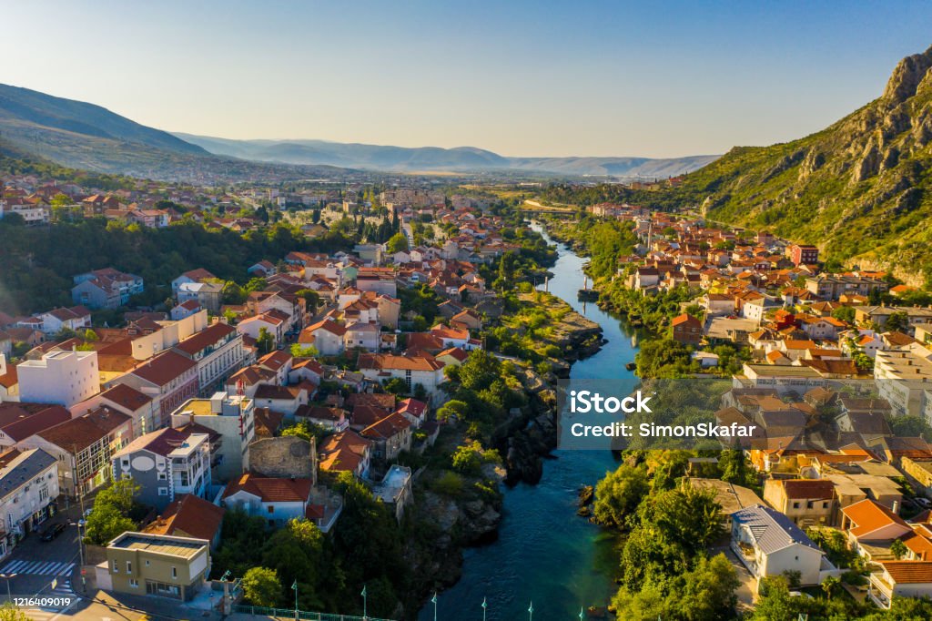 Old town with river, Mostar, Bosnia and Herzegovina Drone point of view shot of an old town and a river, Mostar, Bosnia and Herzegovina Bosnia and Herzegovina Stock Photo