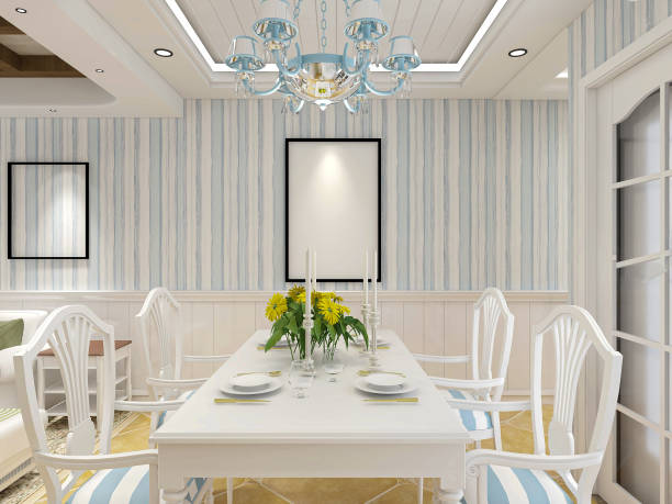 3D rendering, blue Mediterranean style dining room area design with wooden dining table and chairs.