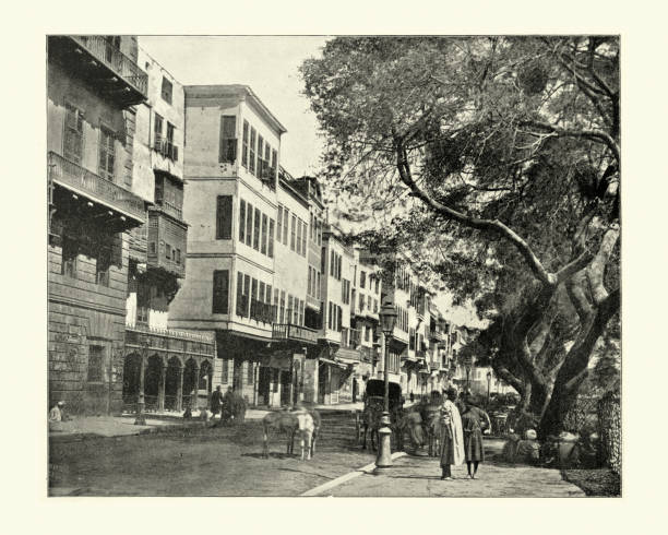 Ezbekiyeh and street scene, Cairo, Egypt, 19th Century Antique photograph of the Ezbekiyeh and street scene, Cairo, Egypt, 19th Century egypt photos stock pictures, royalty-free photos & images