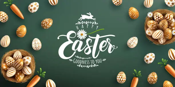 Vector illustration of Easter poster and banner template with golden Easter eggs in the nest on green background.Greetings and presents for Easter Day in flat lay styling.Promotion and shopping template for Easter
