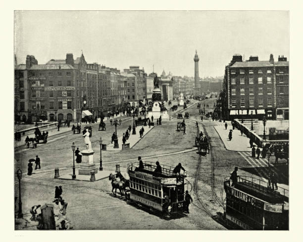 Sackville Street, Dublin, Ireland,19th Century, Antique photograph Antique photograph of Horsedrawn trams on Sackville Street, Dublin, Ireland, with Nelson's column in the background. 19th Century irish culture photos stock pictures, royalty-free photos & images