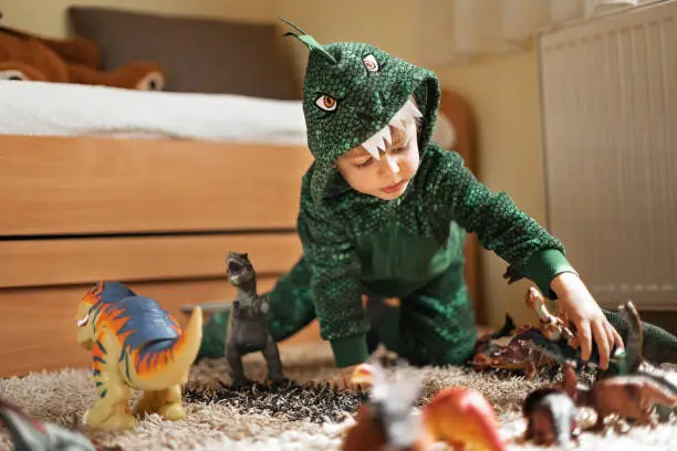 Photo of Adorable boy playing with his dinosaurs