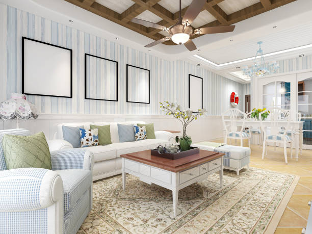 istock 3d rendering, a spacious living room design in a blue Mediterranean-style house with sofas, coffee tables, decorative paintings, etc. 1216411521