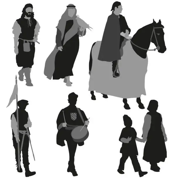 Vector illustration of Several Medieval Silhouette Figures