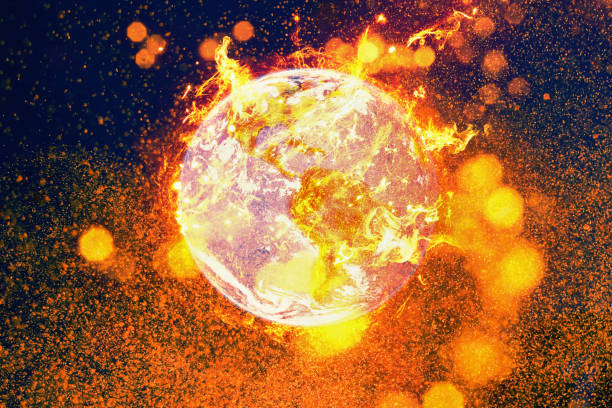 Burning planet earth fire inferno illustration. Global warming and environmental disaster concept.