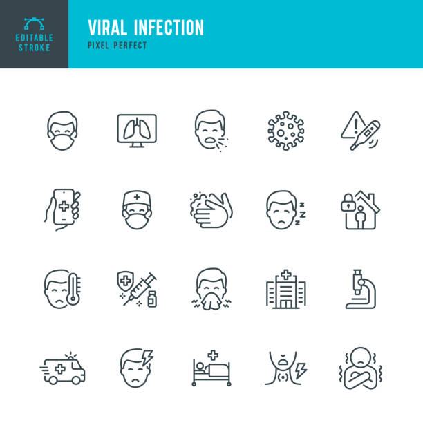 infeksi virus - set ikon vektor garis tipis. piksel sempurna. stroke yang bisa diedit. set ini berisi ikon: coronavirus, bersin, batuk, dokter, demam, karantina, pilek dan flu, masker wajah, vaksinasi. - batuk ilustrasi stok