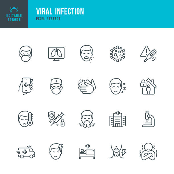 VIRAL INFECTION - thin line vector icon set. Pixel perfect. Editable stroke. The set contains icons: Coronavirus, Sneezing, Coughing, Doctor, Fever, Quarantine, Cold And Flu, Face Mask, Vaccination. VIRAL INFECTION - thin line vector icon set. 20 linear icon. Pixel perfect. Editable outline stroke. The set contains icons: Coronavirus, Virus, Sneezing, Coughing, Doctor, Fever, Quarantine, Headache, Cold And Flu, Face Mask, Washing Hands, Vaccination. condition illustrations stock illustrations
