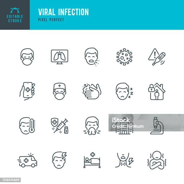 病毒感染 細線向量圖示集圖元完美可編輯筆劃該集包含圖示 冠狀病毒 打噴嚏 咳嗽 醫生 發燒 檢疫 感冒和流感 面罩 疫苗接種向量圖形及更多圖示圖片