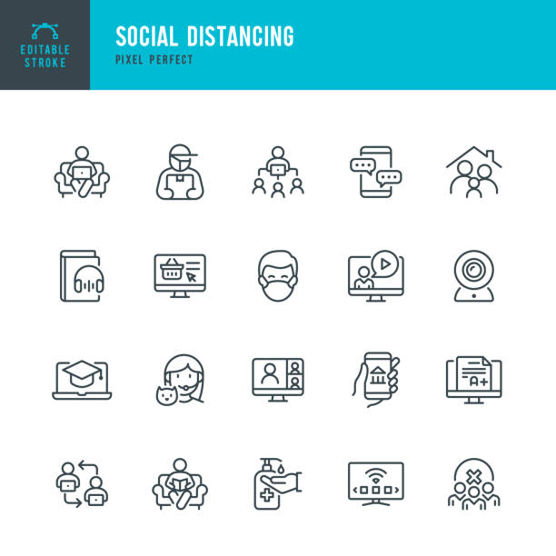 Social Distancing - thin line vector icon set. Pixel perfect. Editable stroke. The set contains icons: Social Distancing, Remote Work, Quarantine, Video Conference, Working At Home, Delivery Person, E-Learning. Social Distancing - thin line vector icon set. 20 linear icon. Pixel perfect. Editable outline stroke. The set contains icons: Social Distancing - Concept, Remote Work, Quarantine, Video Conference, Working At Home, Delivery Person, E-Learning, Leisure. distant meeting stock illustrations