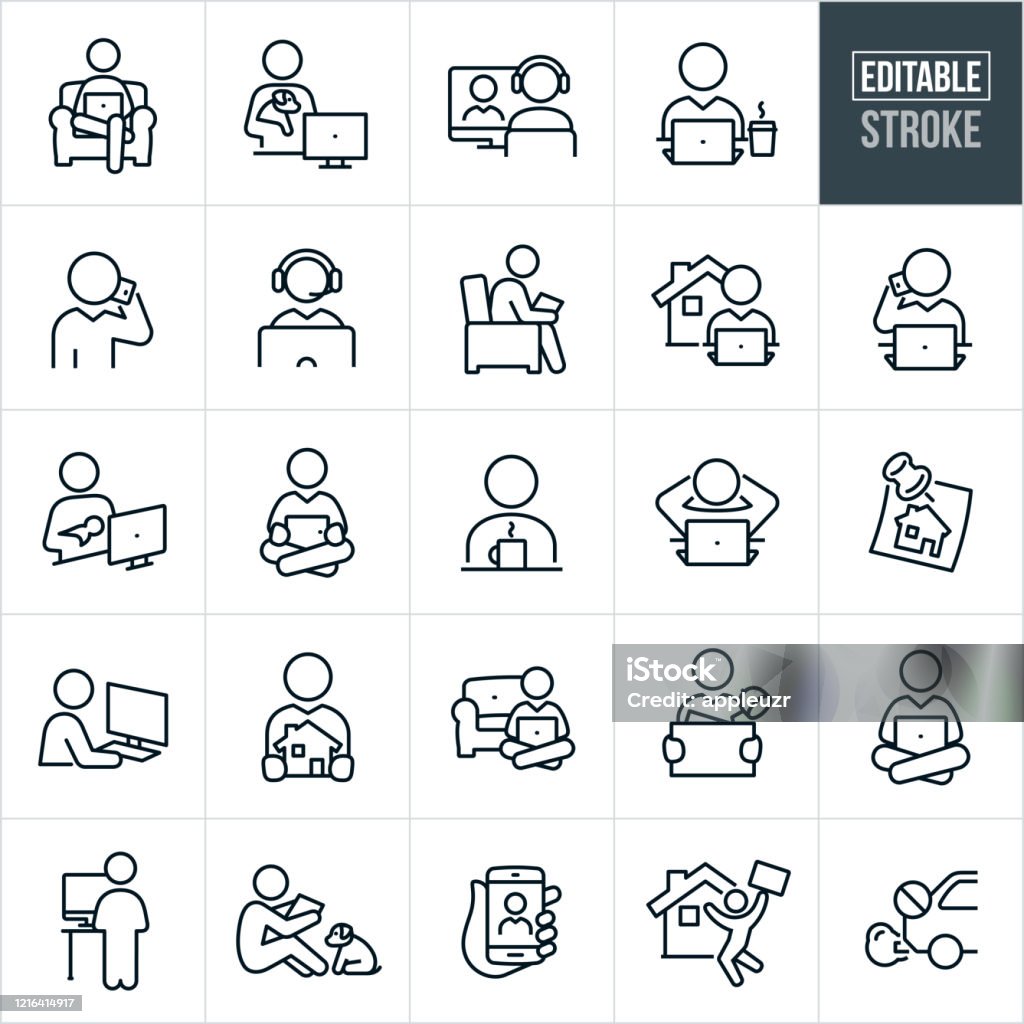 Telecommuting Thin Line Icons - Editable Stroke A set of telecommuting icons that include editable strokes or outlines using the EPS vector file. The icons include many different people working from home. They include a person working from home while sitting in a chair, person holding puppy while working on computer, person seated at computer with headset on, person at laptop with a cup of coffee, business person talking on mobile phone, business person on laptop with house in background, mother holding newborn while working at computer, person working on computer while standing at a standing desk, people using computers and mobile phone technology to work from home and other related icons. Icon stock vector