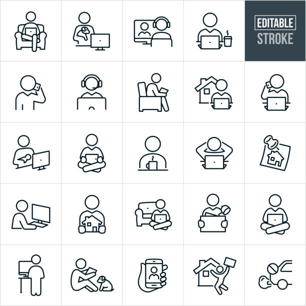 Telecommuting Thin Line Icons - Editable Stroke A set of telecommuting icons that include editable strokes or outlines using the EPS vector file. The icons include many different people working from home. They include a person working from home while sitting in a chair, person holding puppy while working on computer, person seated at computer with headset on, person at laptop with a cup of coffee, business person talking on mobile phone, business person on laptop with house in background, mother holding newborn while working at computer, person working on computer while standing at a standing desk, people using computers and mobile phone technology to work from home and other related icons. dog sitting vector stock illustrations