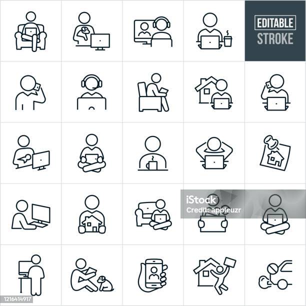 Telecommuting Thin Line Icons Editable Stroke Stock Illustration - Download Image Now - Icon, Working, Telecommuting