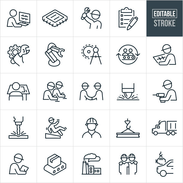 ilustrações de stock, clip art, desenhos animados e ícones de manufacturing thin line icons - editable stroke - moving down symbol computer icon people