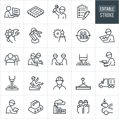 A set of manufacturing icons that include editable strokes or outlines using the EPS vector file. The icons include a drafter at the computer, computer chip, engineer holding wrench, checklist, cog with wrench, robot arm, manufacturing equipment, drawing compass, assembly line, drafter at drafting table, electronics, two engineers shaking hands, spot welder, worker with drill, worker slipping and falling, engineer wearing hard hat, semi truck, inspector, product on conveyor belt, factory, and a car getting an engine to name a few.