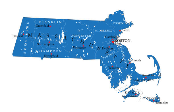 Massachusetts state political map Detailed map of Massachusetts state,in vector format,with county borders and major cities. massachusetts illustrations stock illustrations