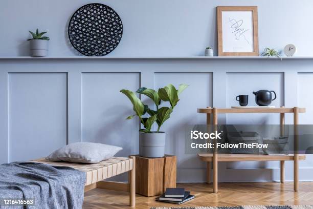 Modern Interior Of Living Room With Design Wooden Console Chaise Lounge Pillow Plaid Books Plants Mock Up Photo Frame Decoration And Elegant Personal Accessories In Stylish Home Decor Stock Photo - Download Image Now