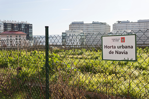 Vigo, Spain - Feb 19, 2020: Urban orchard of Navia neighborhood sign on February 19, 2020 in  Vigo city, Pontevedra, Spain.