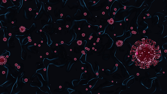 pink red corona covid viruses on dark background floats 3d render cgi