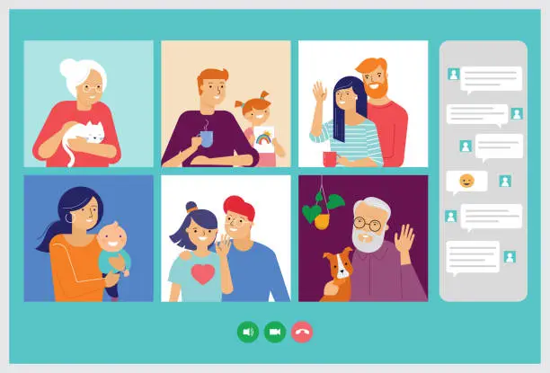 Vector illustration of Family, grandparents, children, couple, young people video chatting on the Internet through laptop, tablet or computer. Coronavirus concept, Novel coronavirus, covid-19