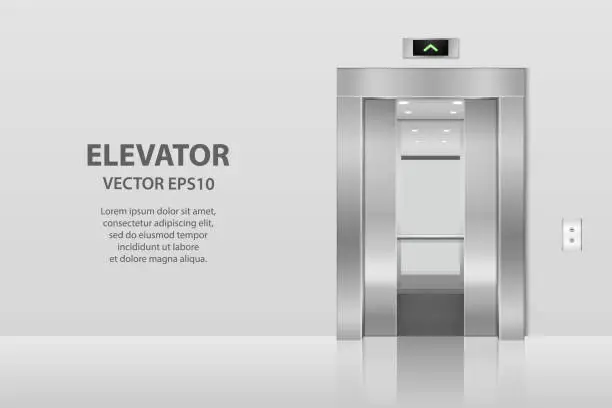 Vector illustration of Vector 3d Realistic Blank Empty Open and Closed Steel, Chrome, Silver Metal Office Building Lift Elevator Doors with Buttons on Gray Wall. Floor interior mockup. Business Concept. Front View