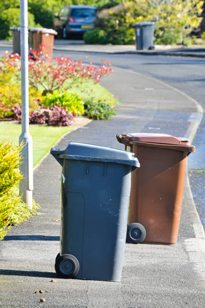 istock Brown and black recycling wheelie bins spread over a pedestrian footpath 1216421847