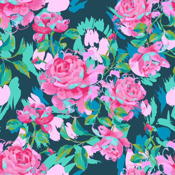 ilustrações, clipart, desenhos animados e ícones de padrão perfeito feito de grandes rosas - floral pattern pattern silk wallpaper